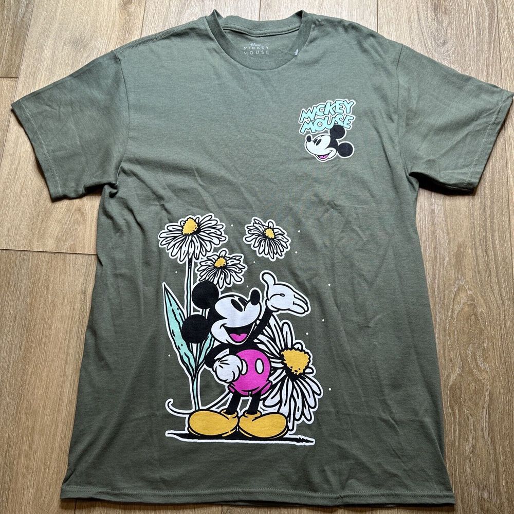 NEW Mickey Mouse T-shirt Unisex Size Medium Olive Green Flowers